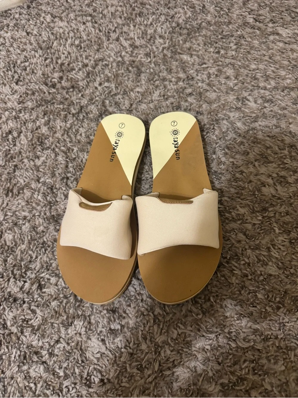 Cream Slide Beach Sandals with Tan Footbed